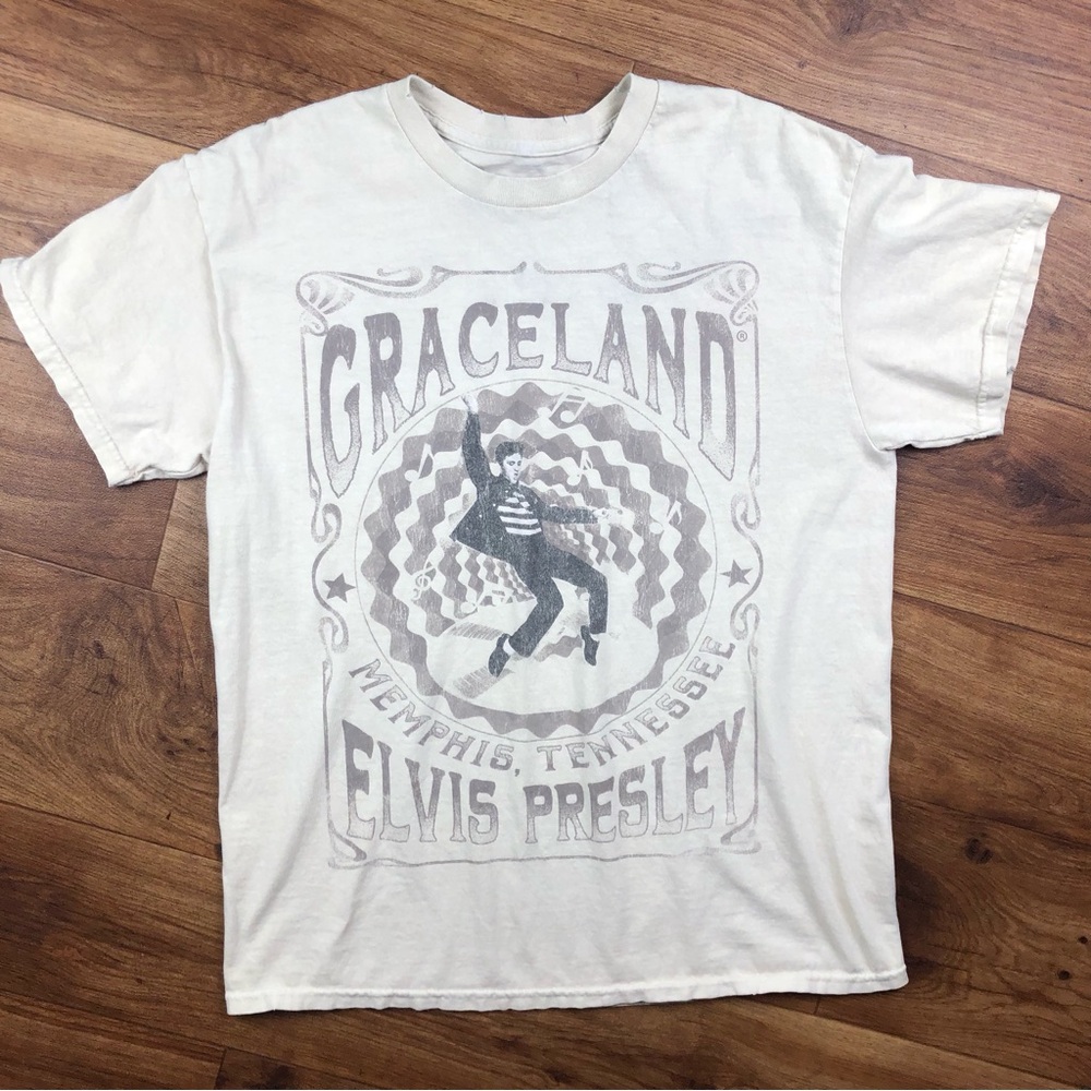 Goodie Two Sleeves Elvis Presley Tan T Shirt Distressed Graceland